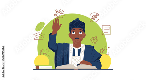 Eager Nigerian Student Raises Hand During Lecture Representing Education Goals
