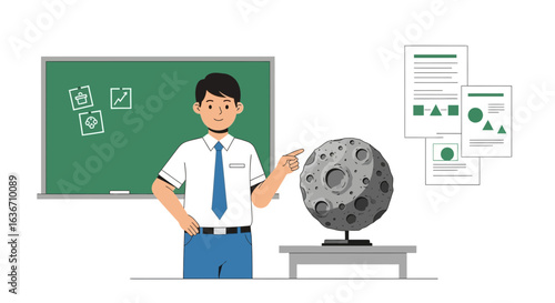 Educational Illustration Of Schoolboy Presenting A Moon Model In The Classroom