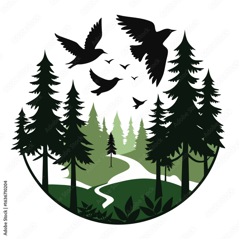 Obraz premium Silhouette of birds gracefully flying over a serene forest landscape at dusk or dawn