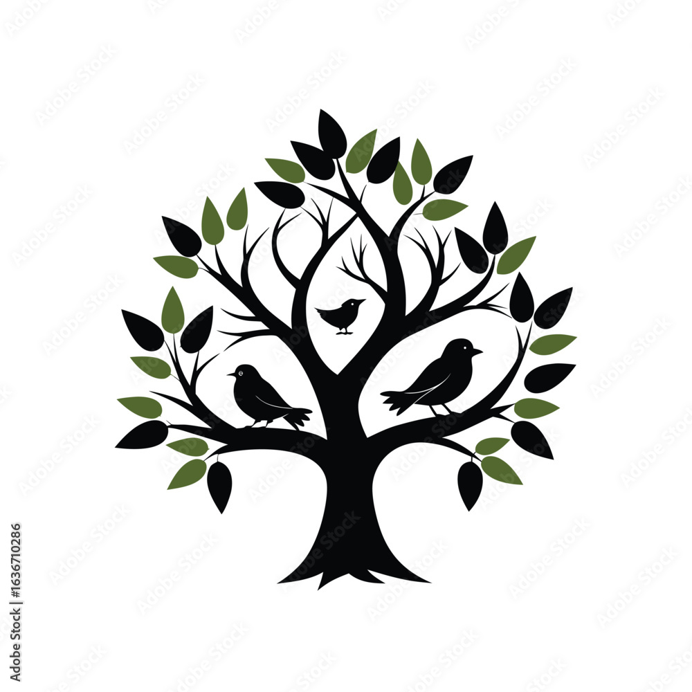 Obraz premium Stylized silhouette of birds nesting in a tree representing nature family and growth