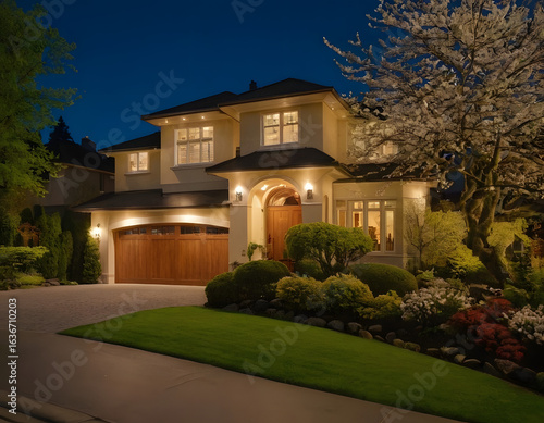 two story stucco luxury house with nice Spring blossom landscape at night in Vancouver, Canada, North America., house background