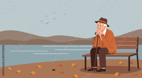 Elderly Man Resting on a Bench with Nature View During Autumn Season