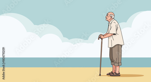 Elderly Man Leaning on Cane Contemplating Tranquil Beach Scenery Illustration