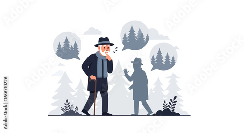 Elderly Man Remembering Forest Past Meeting Silhouette Person Outdoor