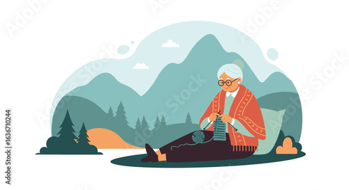 Elderly Woman Knitting In Nature With Mountains Trees And Clouds Peaceful Retreat