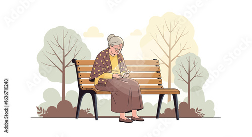 Elderly Woman Enjoying Leisurely Reading On Bench In Tranquil Park Landscape