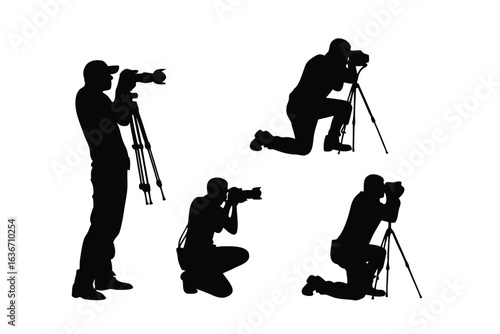 Silhouette Photographer Capturing Moments: Photographer capturing various shots with camera in multiple poses and using tripod. The art of photography.