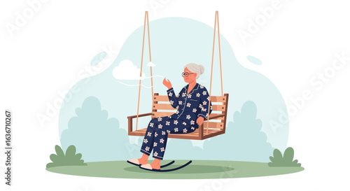 Elderly woman swinging on a swing set, enjoying a peaceful outdoor scene, relaxing in nature and feeling carefree in her retirement years
