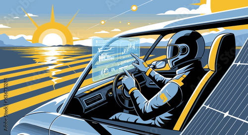 Electric Car Dashboard Showing Charts With Driver And Solar Panel Technology