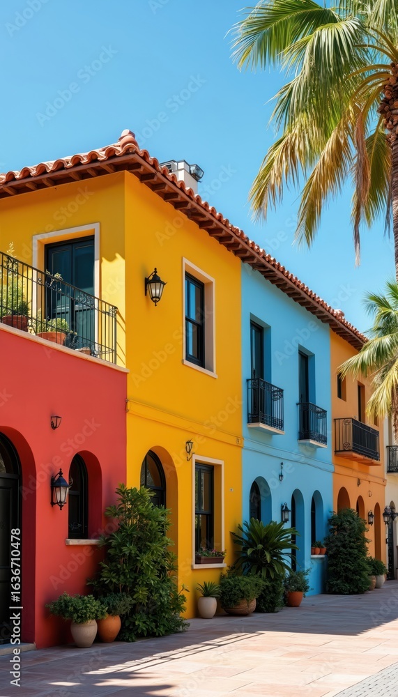 Fototapeta premium Vibrant Mediterranean-style townhouses painted in bright red, yellow, blue line sunny street. Arched windows, terracotta roofs, palm trees create tropical paradise atmosphere. Picturesque street