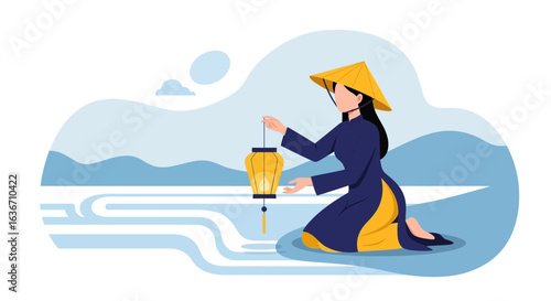 Elegant depiction of a woman in traditional Vietnamese clothing by the river