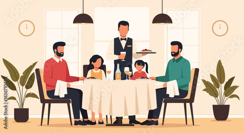 Elegant Family Dining Experience Illustration In Modern Restaurant Setting