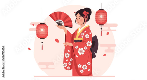 Elegant geisha in traditional kimono with fan and lanterns celebrates culture