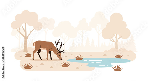 Elegant illustration depicting a deer drinking water in a serene forest environment