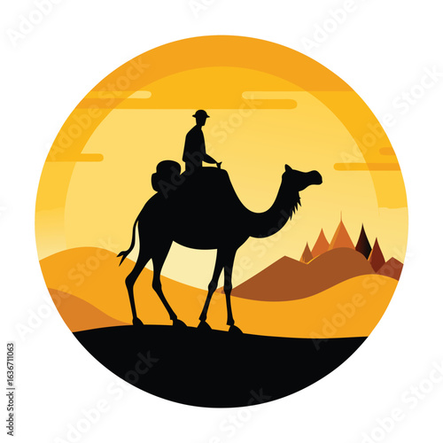 Silhouette of a person riding a camel across a desert landscape under a starry night sky