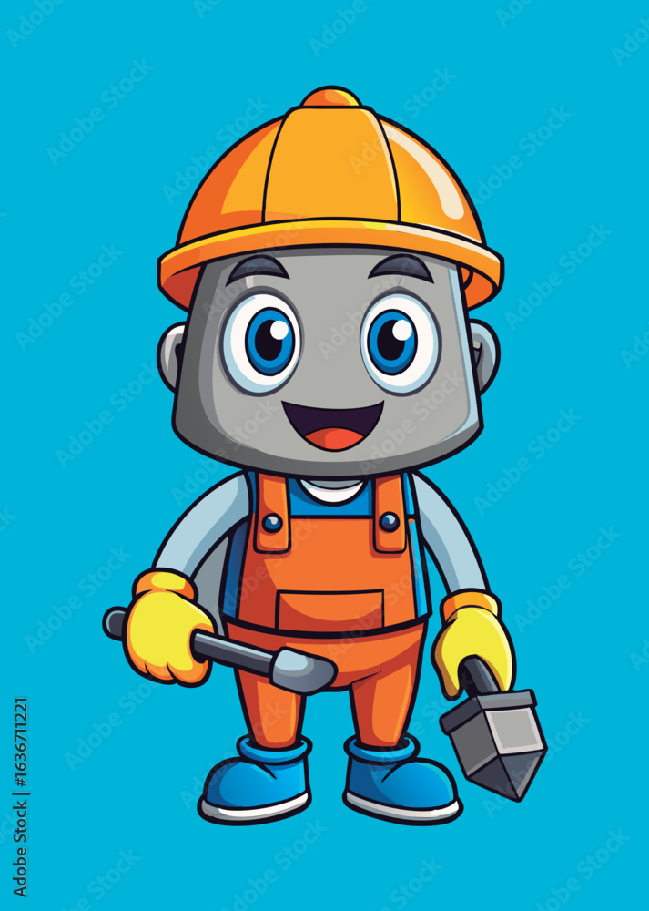 Fototapeta premium Cartoon construction worker in safety gear. holding tools. against a light blue background. Friendly construction worker character with tools in a professional work environment.