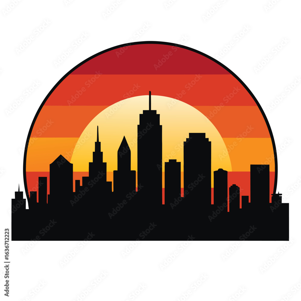 Obraz premium Modern city skyline silhouette at sunset with vibrant orange and purple hues urban landscape