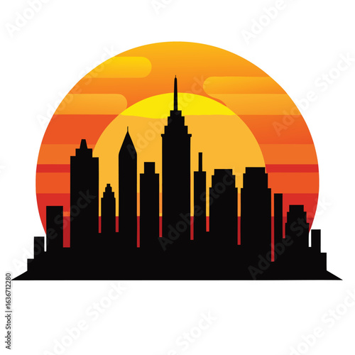 Urban city silhouette against a vibrant sunset sky with warm orange and yellow hues