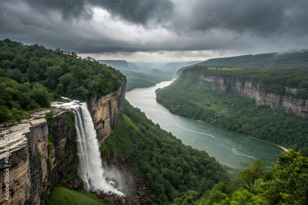 Fototapeta premium Majestic waterfall cascades down a rugged cliff face into a serene river valley