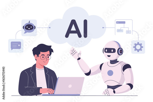 A flat design illustration of a man working on a laptop alongside a friendly AI robot, symbolizing technological innovation and collaboration.