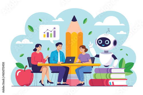 A flat design illustration of an AI robot assisting a group of people with learning and data analysis in a modern educational setting.