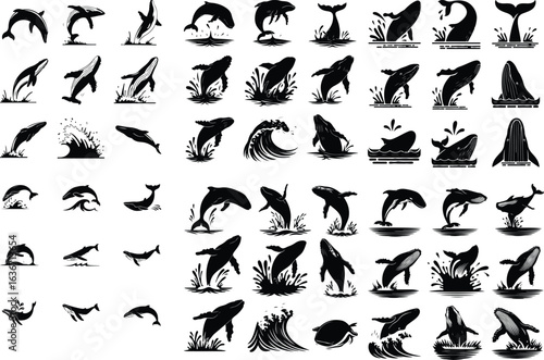 Whale Jumping from Ocean Silhouette – Marine Icon Set Breaching Whale Silhouette – Powerful Ocean Animal Icon