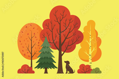 A stylized illustration in a modern flat design of a dog sitting in a vibrant autumn forest with colorful fall trees and foliage.