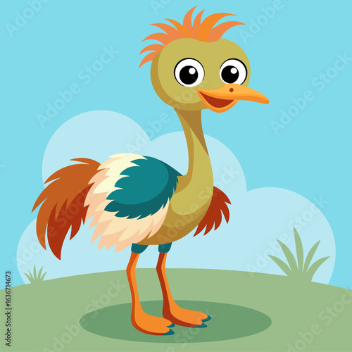 Cartoon ostrich standing on a grassy plain with a light blue sky background. Cute and friendly portrayal of a young ostrich.