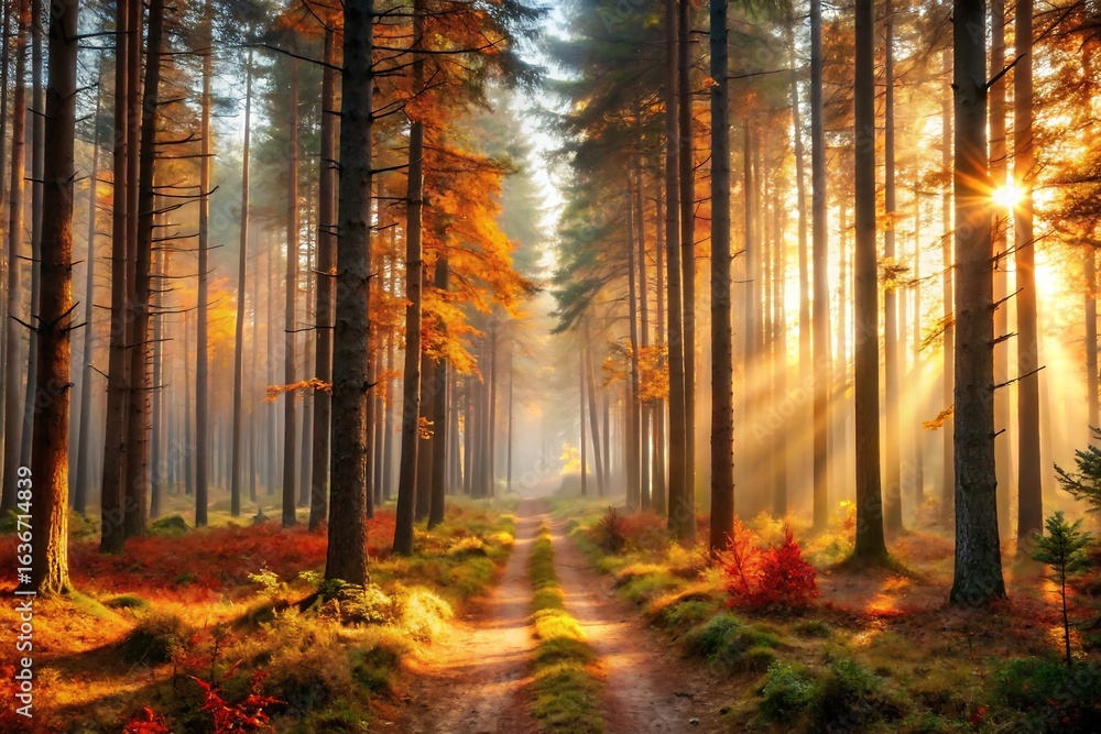 Fototapeta premium Golden sunbeams pierce through tall pine trees illuminating a misty forest path