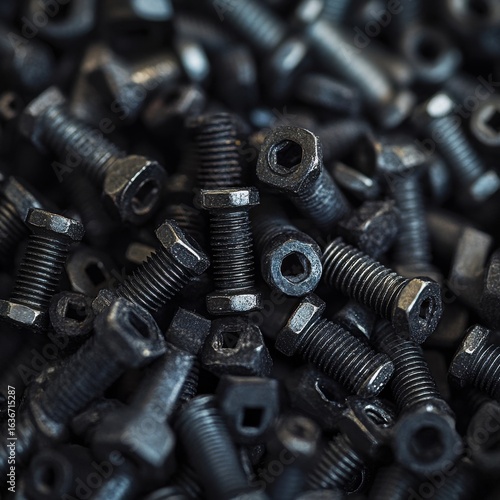 Dark Steel Bolts. Industrial Texture Background, Close-Up Macro Shot, Abstract Metal Hardware