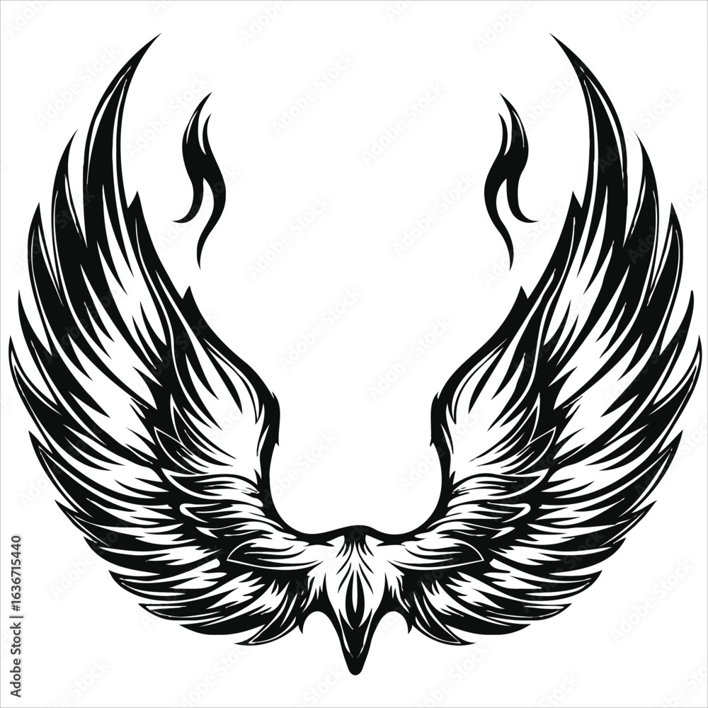 Obraz premium Striking Emblem of Majestic Wings A Symbol of Freedom and Grace An Intricate Black and White Design Evoking Strength, Spirituality and Unwavering Determination Soaring Through the Skies
