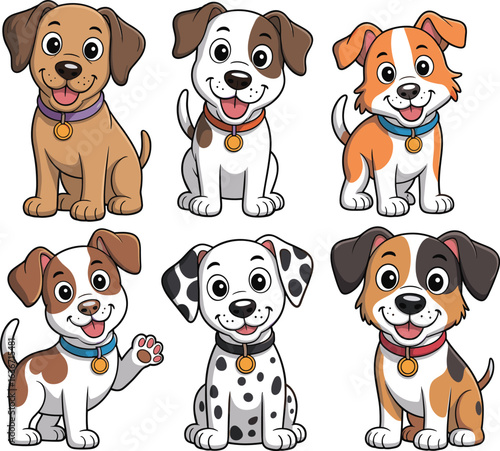 Cute cartoon puppies, happy dog illustrations, playful puppy drawings, adorable cartoon dogs, smiling pets clipart, dog character art, dog vector images
