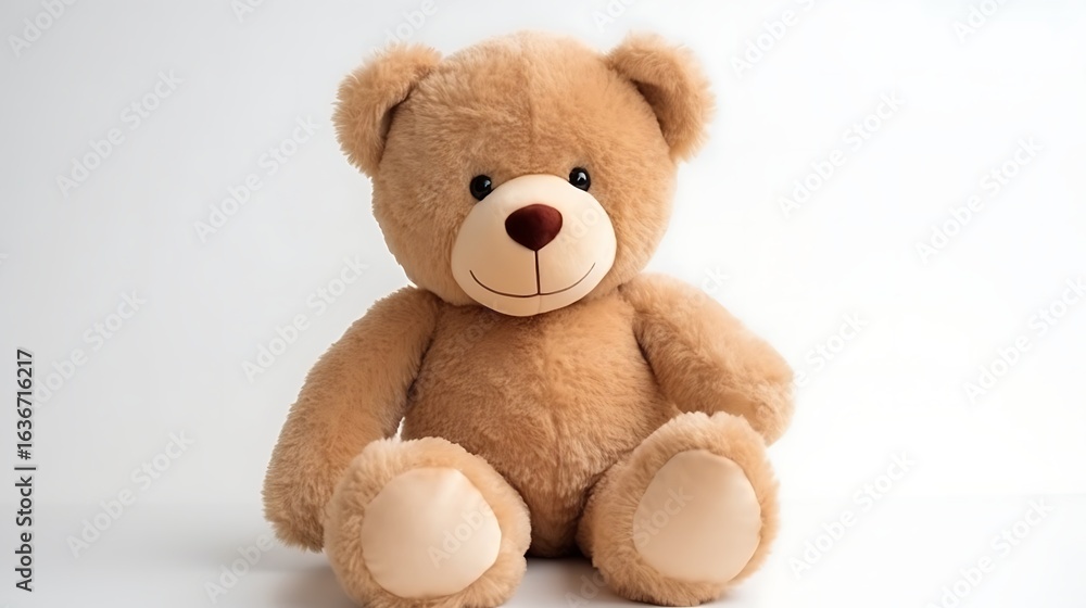Fototapeta premium A soft plush teddy bear sitting neatly on a white background, with natural light creating soft shadows around it. Full frame .