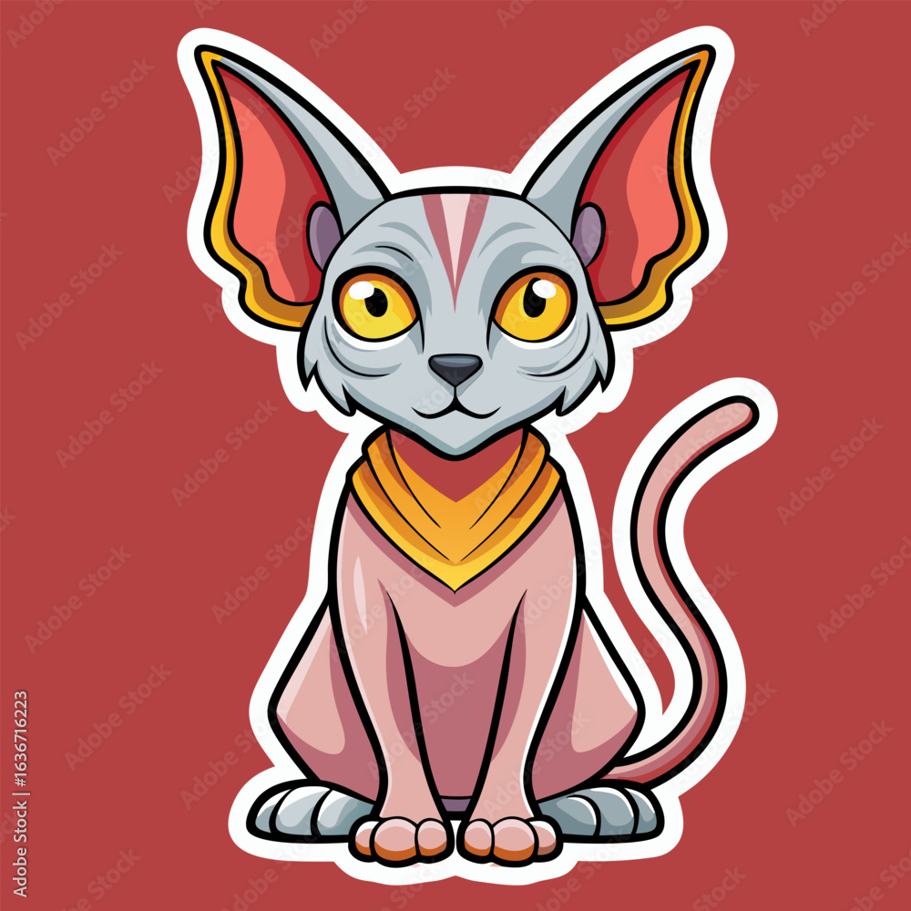 Obraz premium Cartoon cat with large ears and a decorative collar. sitting and facing forward in a plain red background. Cute. stylized pet illustration for children's media.
