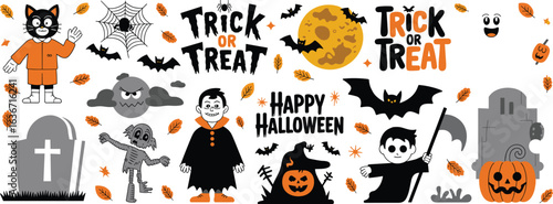 Halloween cartoon illustration collection with vampire, ghost, pumpkin, bat, tombstone, trick or treat text, spooky decorations, fun kids art