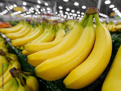 A close-up view of ripe yellow bananas stacked in a clean and organized fruit section of a supermarket.