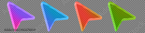 3d set neon glass transparent arrow cursor icon. Y2k style. Stock vector illustration on isolated background.	