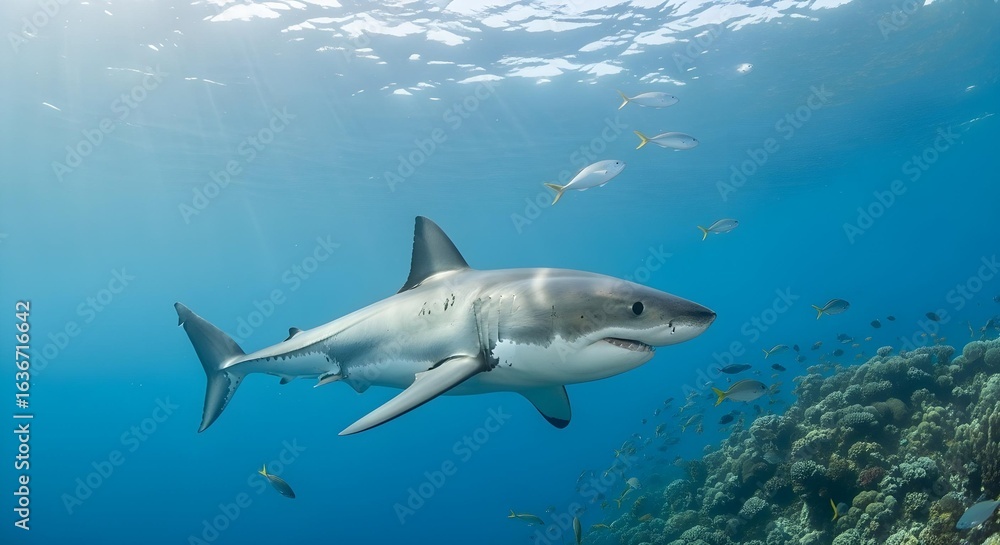 Fototapeta premium A photorealistic great white shark swimming under a crystal-clear blue ocean surface at midday, sunlight rays visible, detailed scales