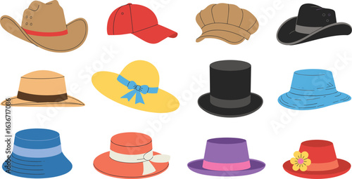 Set of colorful summer hats, fashion accessories collection, beach hats illustration, sun protection headwear, stylish holiday caps and visors