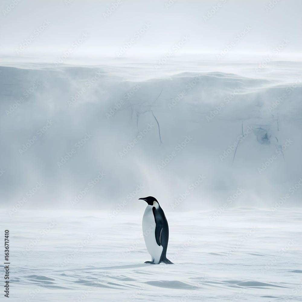 Obraz premium A photorealistic emperor penguin standing on an Antarctic ice sheet at sunrise, pink sky reflections