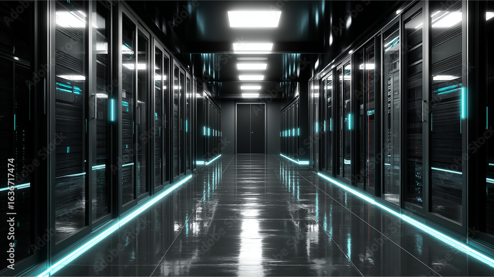 Fototapeta premium Futuristic Data Center Corridor with Neon Lighting