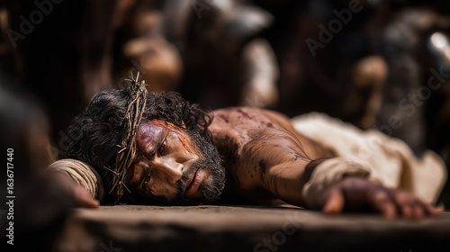 Jesus falls a third time, crushed beneath the heavy cross, dirt smeared on His face. From low beside His arm, impatient soldiers raise whips, shadows looming in harsh light...
