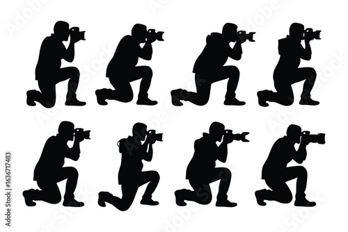 Photography Silhouette Set: Dynamic silhouettes of photographers, captured mid-action, kneeling to capture the perfect shot. The images depict passion for photography.