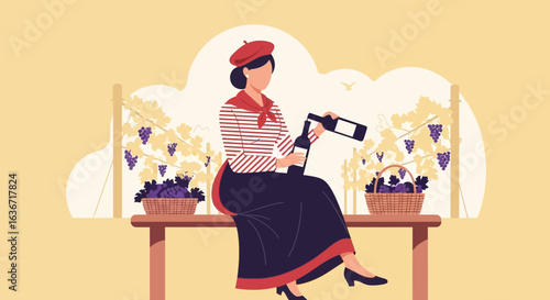 Elegant Lady Uncorking Wine in Vineyard Scene Capturing French Charm