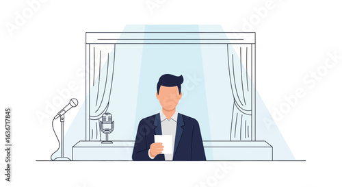 Elegant Public Speaker In Front Of Curtains Giving A Speech