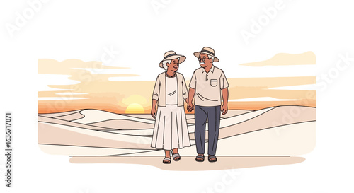 Elegant Senior Couple Enjoying a Sunset Stroll Through a Minimalist Desert Landscape