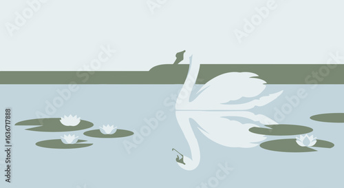 Elegant Swan Reflected in Calm Waters with Lily Pads Peaceful Serene Scene