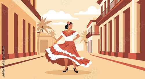 Elegant Woman Dancing Traditional Dress On Old Havana Street Colorful Vector