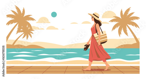Elegant Woman Enjoying Coastal Stroll Under Tropical Palm Trees In Summer