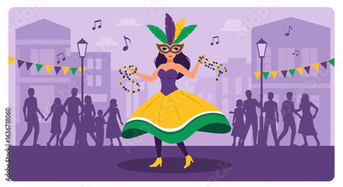 Elegant Woman In Mardi Gras Dress Celebrates And Dances With Thrown Beads